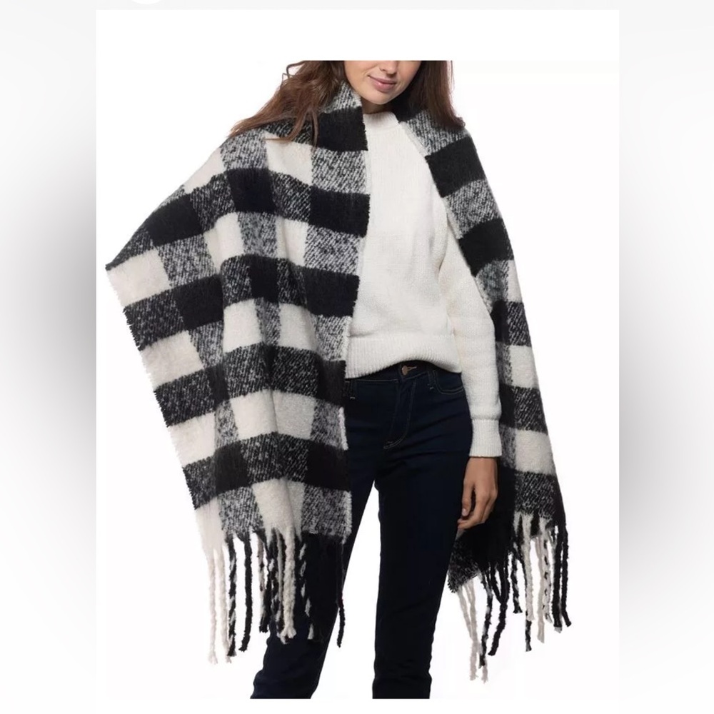 INC Womens Plaid Buffalo Check Wrap Blanket Scarf Black And White One Size NWT